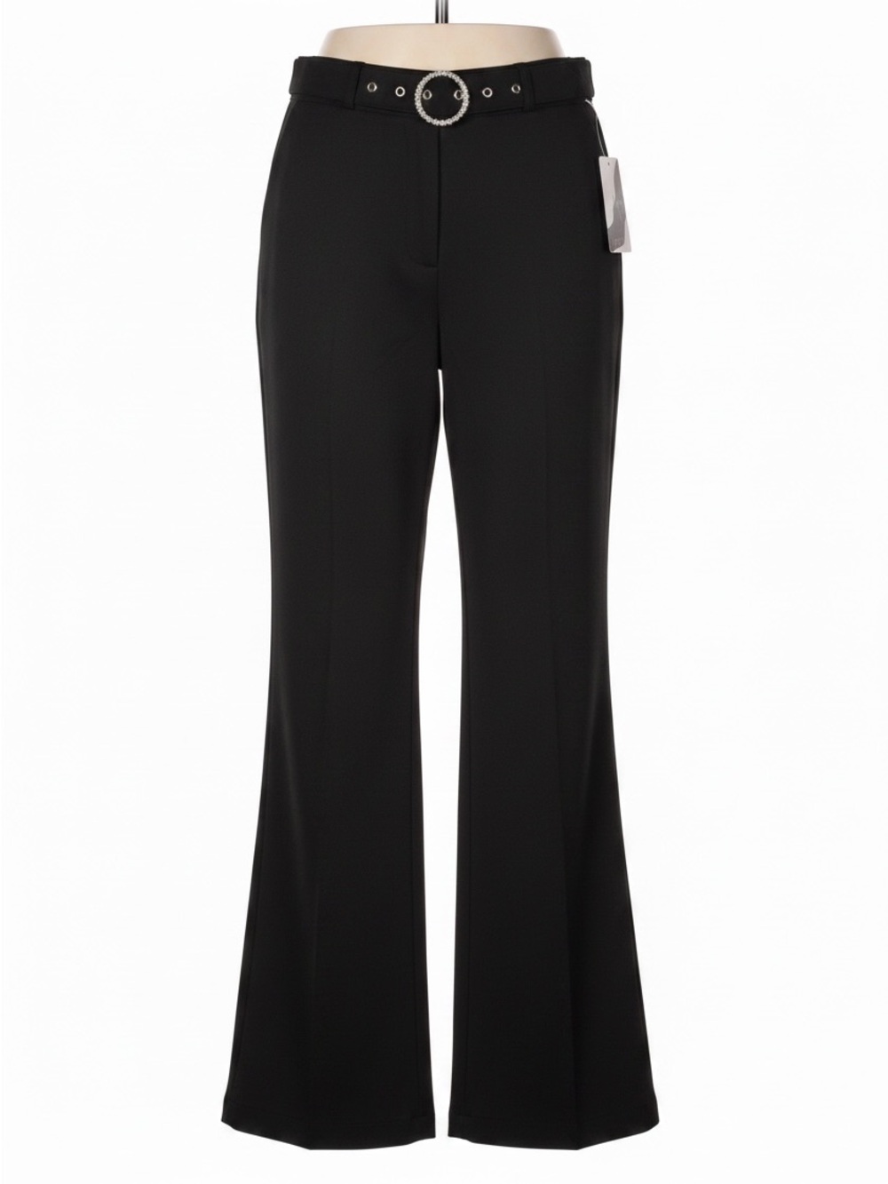 Black Wide-Leg Pants with Functional Pearl Buckle Built-In Belt